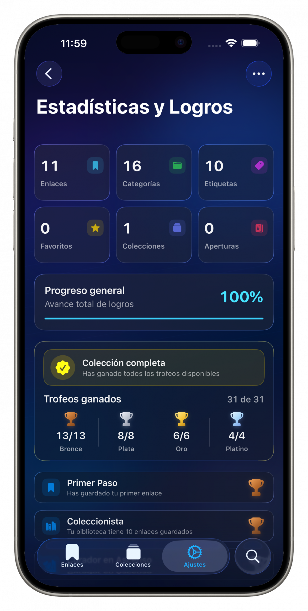 Pantalla de estadísticas y logros de Hamlify
