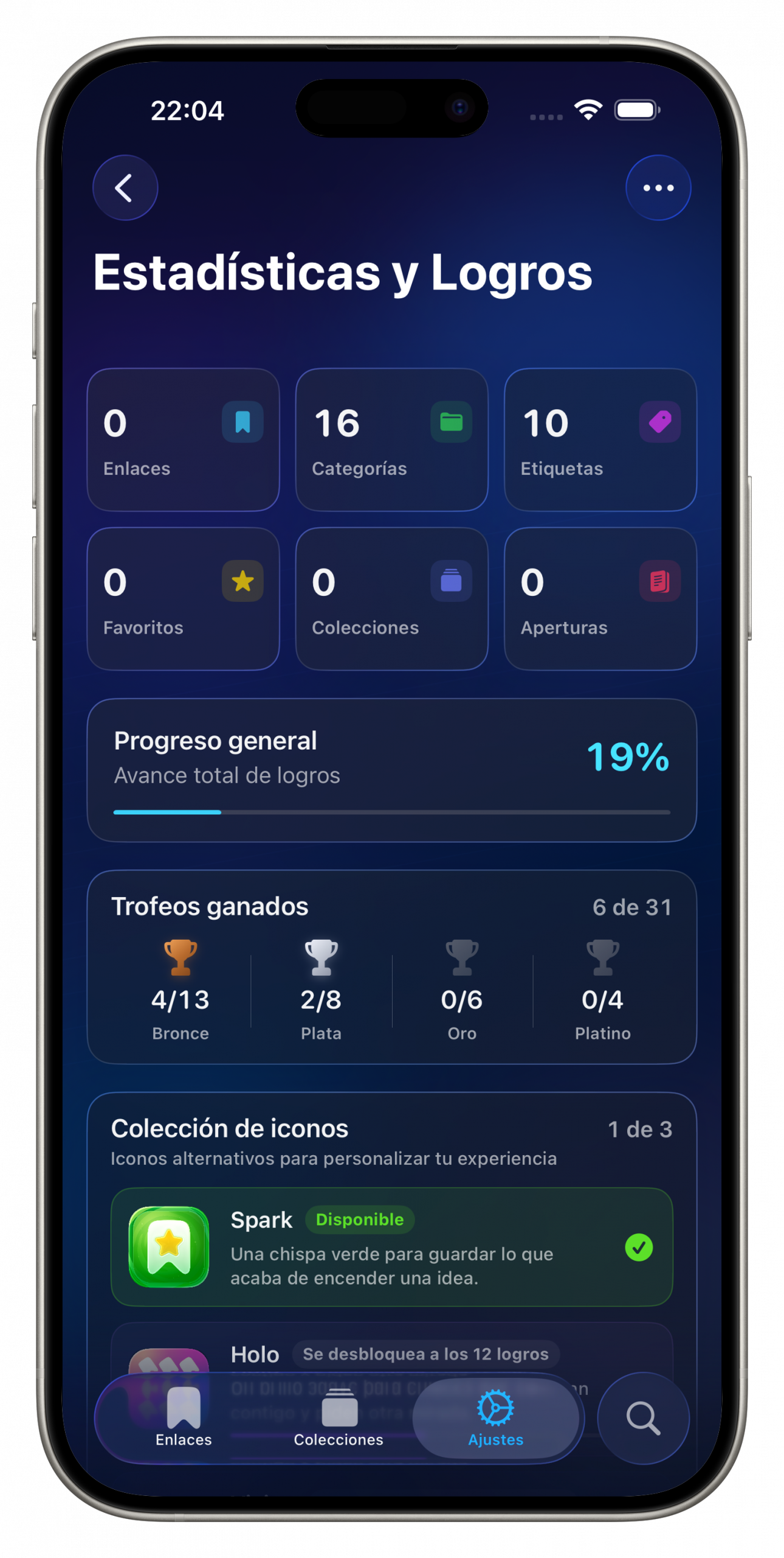 Pantalla de estadísticas y logros de Hamlify