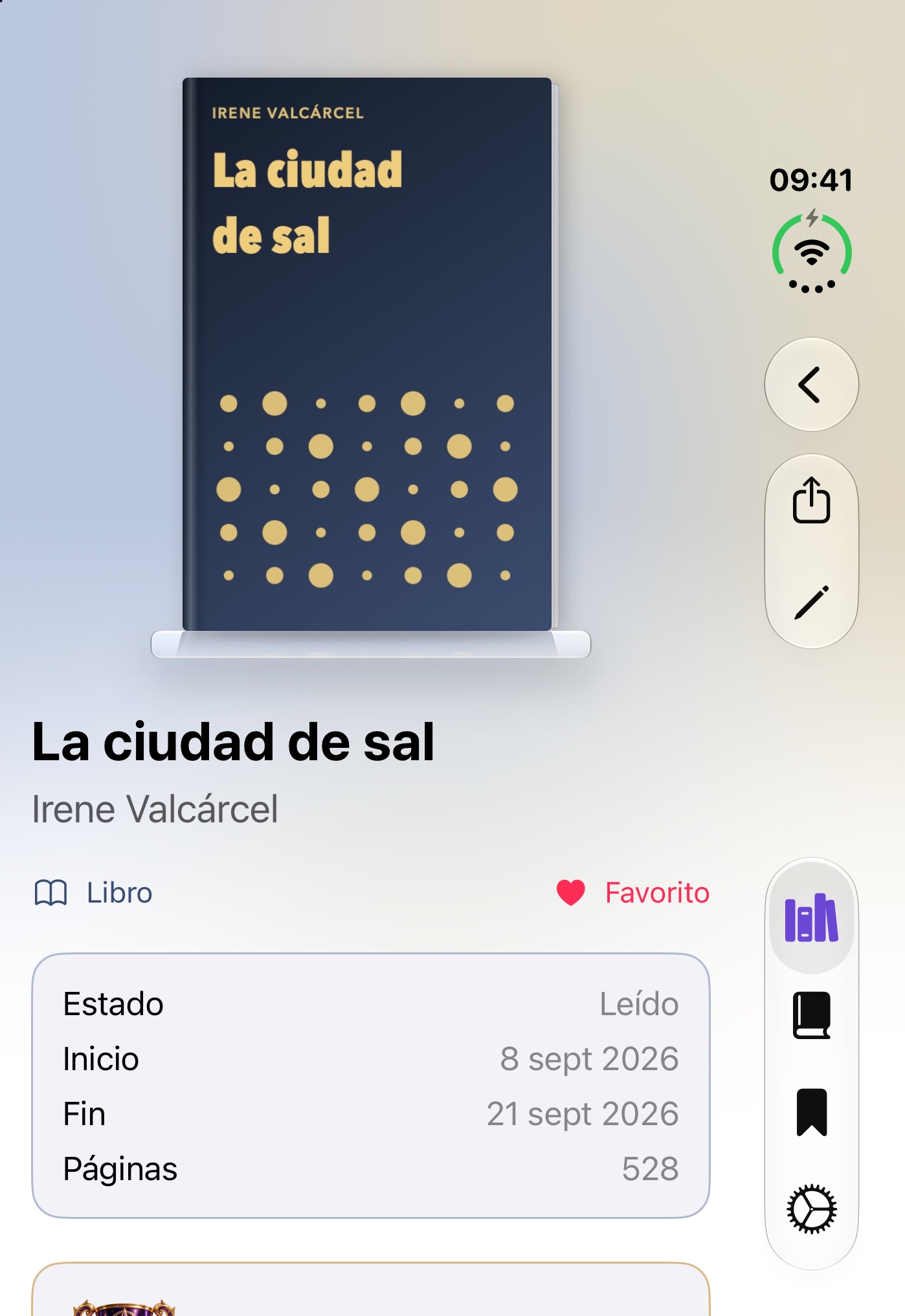 Ficha de un libro con el menú lateral en el iPhone Duo