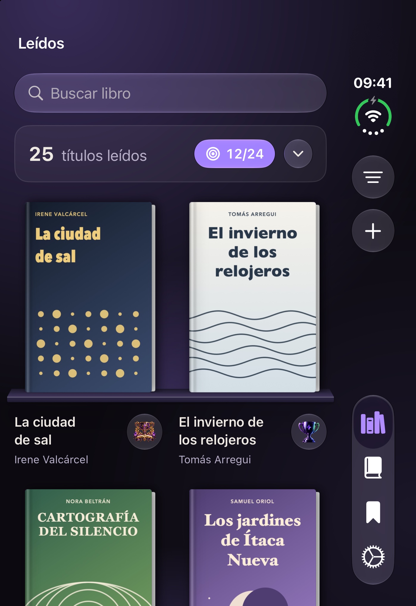 Biblioteca en modo oscuro con el menú lateral en el iPhone Duo