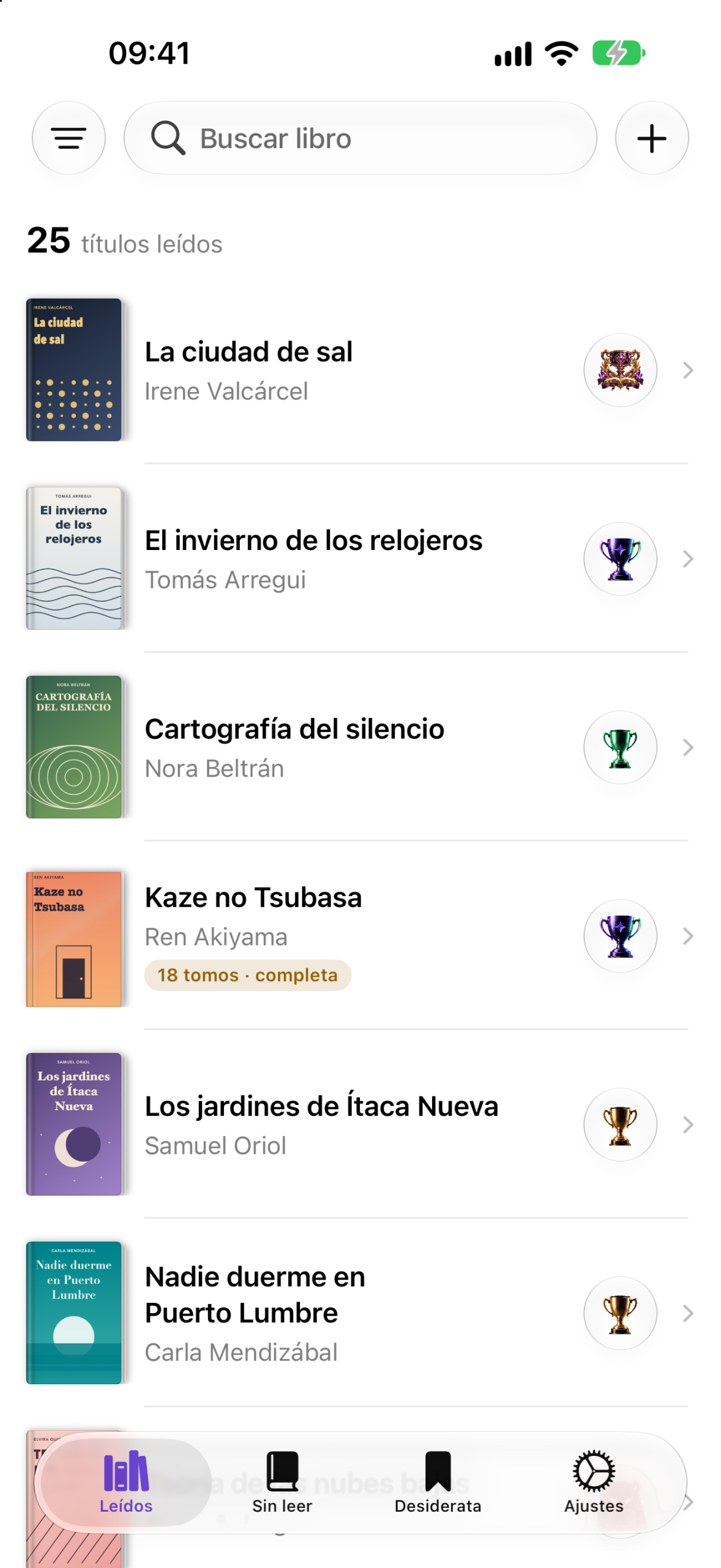 Lista de libros leídos con autores, medallas y una serie de manga